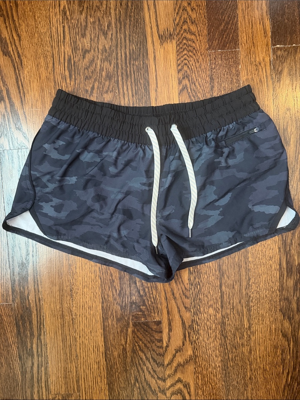 Vuori Women's Black Clementine Camo Running Shorts with White Drawstring